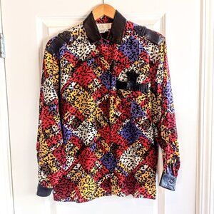 Vintage Cache Multicolor Silk Black Leather Trim Blouse